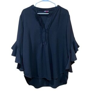Vince Camuto Womens Black Ruffle Sleeve Split Neck Pleated Blouse SZ XL EUC